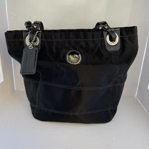 Coach Purse Hand Bag Tote Black Satin Beautiful Large